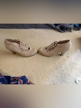 Suede Lace-Detail Taupe High-Heel Pumps